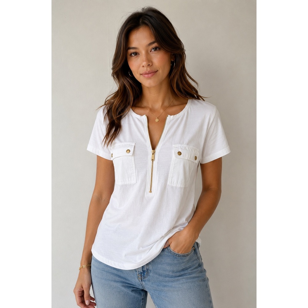 Michael Kors Womensโ White Half Zip Short Sleeve Utility Pocket Top Small Gold